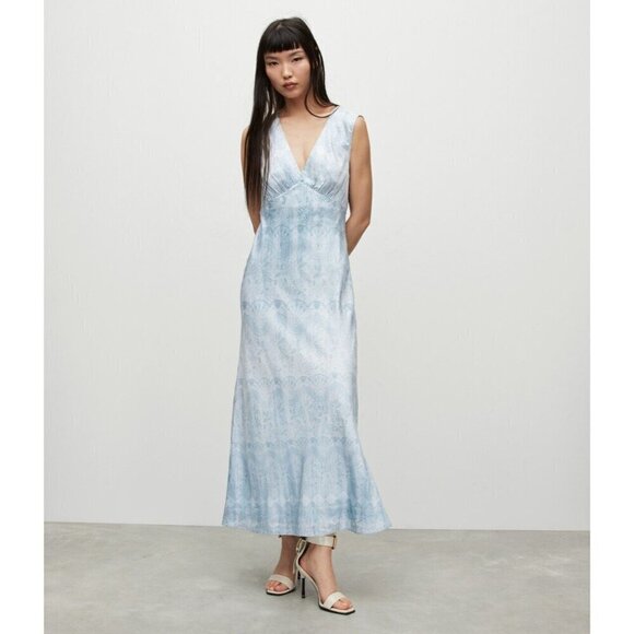ALLSAINTS Karlina Estrella Silk Blend Maxi Dress Dusty Blue Womens 0 - Picture 1 of 10
